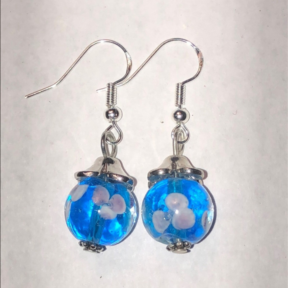 Blue Glass Spotted Beads Dainty Beaded Boho Pierced Earrings